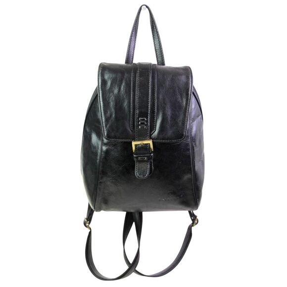 Hexagona BLACK REAL LEATHER ZIP AROUND FLAP BACKPACK SHOULDER BAG HANDBAG PURSE